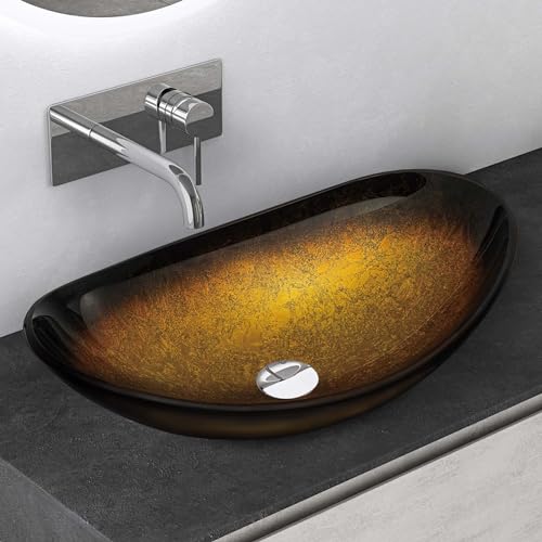Mai & Mai Lavabo sobre Encimera Lavabo Baño | Ovalado | Vidrio | Dorado | 53,5x35,5x16 cm | sin Orificio para Grifo sin Rebosadero | Minerva08