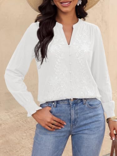 BTFBM Women's 2026 Fall Tops Dressy Casual Floral Boho Embroidered Blouse | V Neck Puff Long Sleeve Button Down Shirts,Cute Holiday Outfits,Business Casual Blouses Work Clothes,Fall Fashion Clothing — view 6