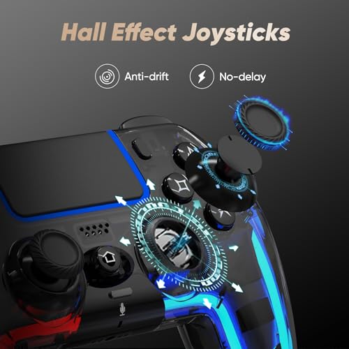 Image of BETMI Wireless Controller for PS5, Pro /Slim /MAC /PC (Transparent Black) | Hall Effect Joysticks, Dual Vibration, Marco /Turbo /3.5mm Jack /6-Axis Gyro, Speaker, LED Gamepad for Steam Deck, L Red R Blue