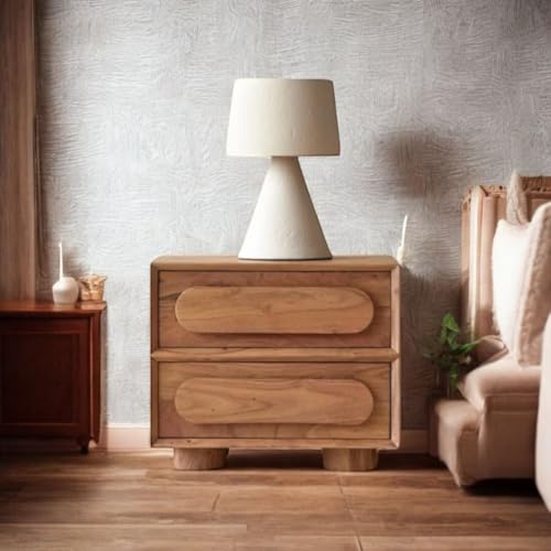 Image of MISAN Boston Solid Wood Bedside Table with Rattan Drawers Mid Century Night Stand for Living Room, Bedroom (X-Hony)