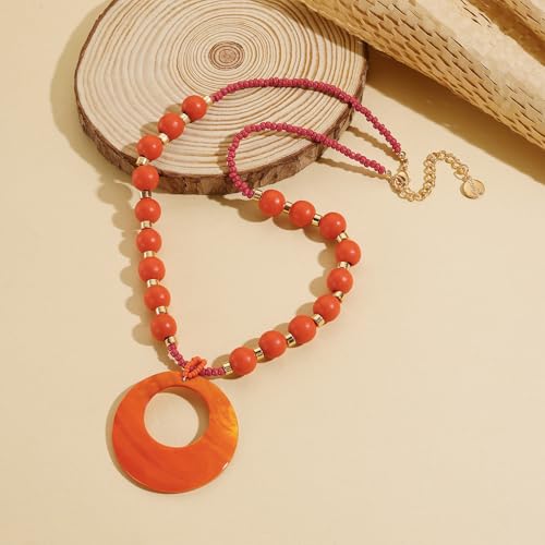 Coiris Shell Pendant Necklace for Women Long Natural Wood Beads Bohemian Handmade Chunky Jewelry for Women4