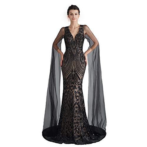 Engerla Sequin Prom Dress Mermaid Evening Dresses Black Maxi Dress V Neck Bridal Party Dress 8