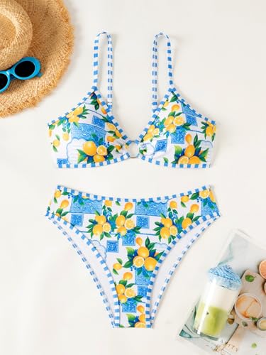 Image of Fanuerg Women's Triangle Bikini Sets O Ring Linked Two Piece Swimsuits Floral Printed Cheeky Bathing Suit