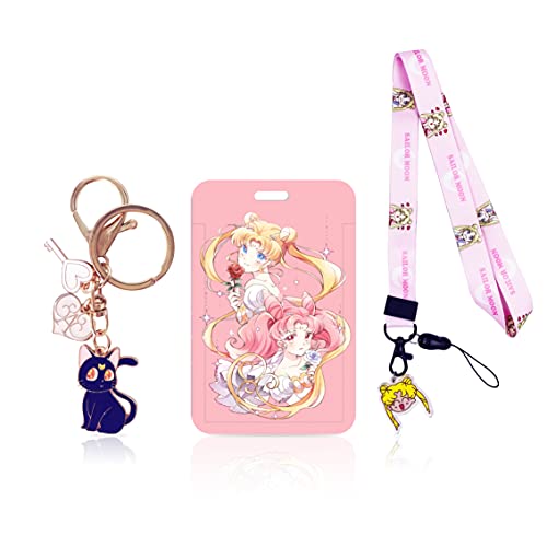 TJIUSI Sailor Pink Moon Lanyard for Keys ID Badge Holder Sailor's Moon Keychain Pink Anime Sailor Moon Necklace and Luna icon Keychains for Women Men Teens Gifts, 7x11x0.8