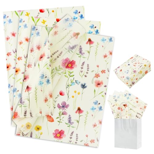 BEISHIDA Flower Gift Wrapping Tissue PaperYellow Wrapping Tissue Paper for Gift Bags 14 x 20 Inch Gift Wrap for Birthday Wedding Party DIY Crafts Holiday Flowers -60 Sheets