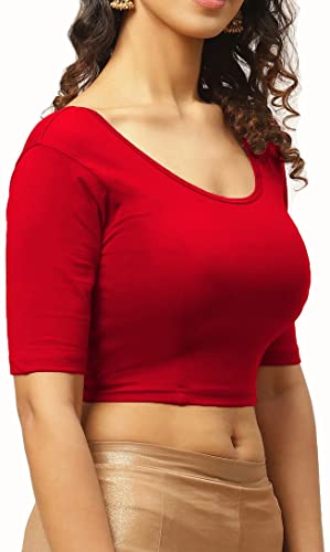 Image of THE BLAZZE 1303 Women's Cotton Scoop Neck Backless Elbow Sleeve Crop Top Readymade Saree Blouse for Women