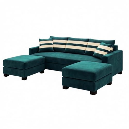 Image of Kassian Rich Velvet Suede 3 Seater Sofa Set with 2 Ottomans | Spacious Soft Touch Comfort Seating | Modern Sofa for Living Room (Greenish Teal)