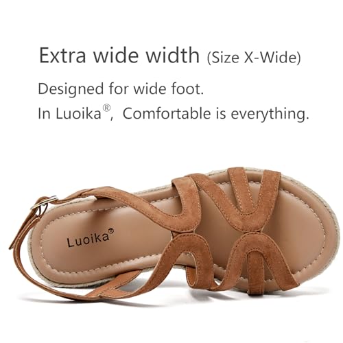Image of Luoika Women's Wide Width Wedge Sandals, Ankle Strap Open Toe Platform Espadrille Wedge Pump Heel Women's Sandals Concise Casual Summer Shoes. Brown 816 7XW