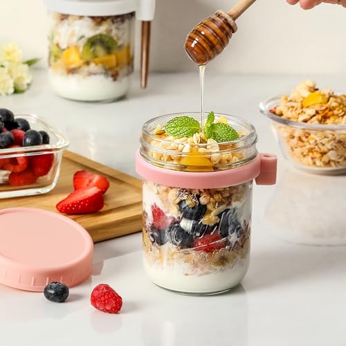 Image of 4 Pack Overnight Oats Containers with Lids and Spoons, 16 oz Glass Mason Jars with Airtight Lids, Overnight Oats Jars for Milk, Cereal, Fruit