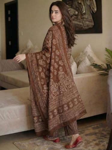 Image of ANNI Designer Women Printed Anarkali Kurta Palazzo Dupatta Set | Viscose Blend Ethnic Outfit | Flared Kurti with Bottom Wear