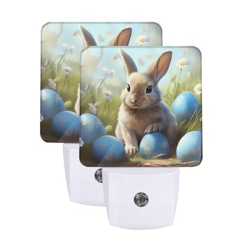 Image of Easter Blue Bunny Eggs LED Plug-in Night Lamp 2 Piece Set, Auto Sensor Nightlights Set of 2 for Bedroom Bathroom