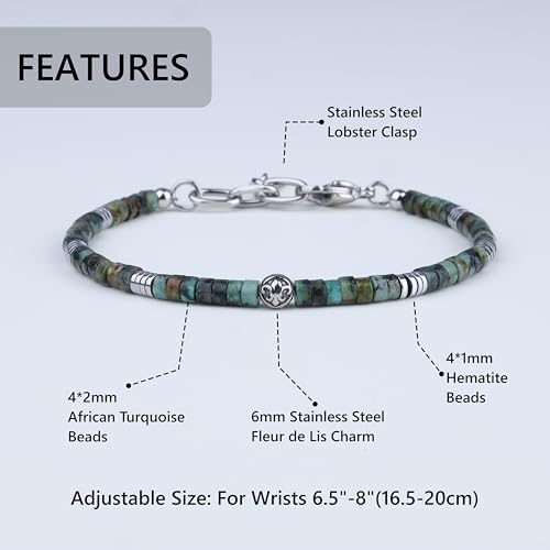 COAI Beaded Bracelet for Men, Fleur De Lis Heishi Gemstone Bracelet for Men, Hematite Black Stone/Turquoise/Red Jasper3