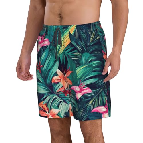 Tropical Floral Leaves Men's Swim Trunks Quick Dry Board Shorts with Pockets Casual Drawstring Beach Shorts2