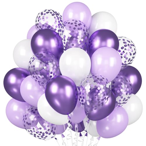 Luftballons Lavendel Lila Weiß, 60 Stück Violett Konfetti Ballons, Metallic Lila Helium Ballon, Macaron Lila Weiß Latex Ballons Set für Geburtstag Hochzeit Mädchen Frauen Abschluss Party Babyparty