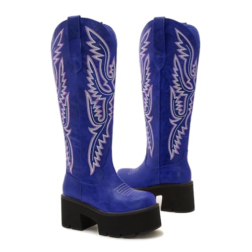 Image of Uillnoodu Wide Calf Cowboy Boots Women Adjustable Lace Up Knee High Tall Plus Size Cowgirl Boots Western Style Comfortable 2-Inch Heel