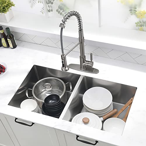 Wxohf-33 Inch Undermount Double Bowl Kitchen Sinks 33-Inch 50/50 Equal 16 Gauge Stainless Steel Kitchen Sink Undermount Kitchen Sink #TOP3