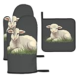 Juego de 3 manoplas de horno y soportes para ollas, resistentes al calor, cordero en la hierba, guantes de horno de silicona, antideslizantes, almohadilla caliente para cocinar, hornear, barbacoa