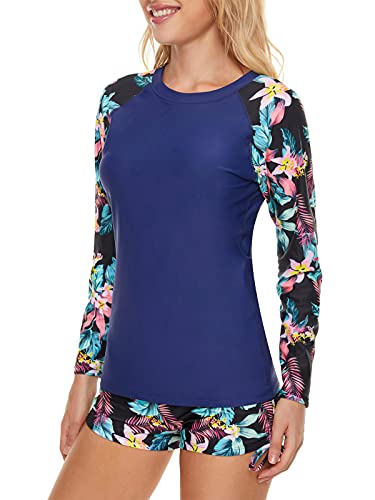 Century Star Women's Athletic Long Sleeve Rashguard UV Protection Two Piece Bathing Suit Swimwear Tankini Swimsuit Black Green Floral 10-12