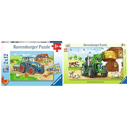 Ravensburger Kinderpuzzle - 07616 Baustelle und Bauernhof - Puzzle für Kinder ab 3 Jahren, mit 2x12 Teilen & Kinderpuzzle 06044 - Traktor auf dem Bauernhof - Rahmenpuzzle