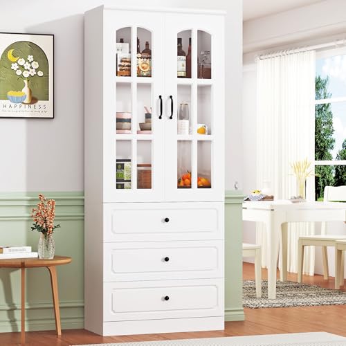 79" Tall Kitchen Pantry Storage Cabinet with Glass Doors and 3 Drawers, Standing Tall Display Storage Shelves,Bookshelf Bookcase,Modern Food Pantry Cabinets for Kitchen,Dining Room,Living Room(White)