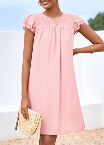 Image of KIRUNDO Wedding Guest Shift Dresses for Women Short Spring Summer Ruffle Cap Sleeve Chiffon Babydoll Flowy Mini Sundress