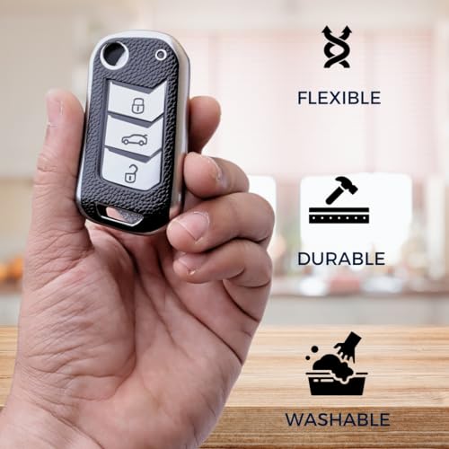 Image of KEYCEPT Mahindra TPU Leather Key Cover Compatible for Marazzo | Thar | Scorpio | TUV | Bolero | XUV 700 3 Button Flip Key Cover (Keychain 1, Silver)