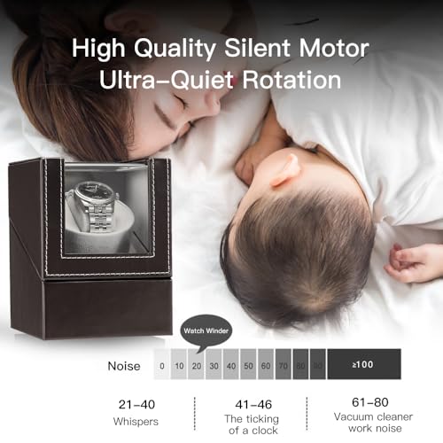 Image of Automatic Single Watch Winder with Quiet Japanese Motor,AC Adapter or Battery Powered,Premium Leather Exterior and Soft Flexible Watch Pillows for Men's and Women's Watches