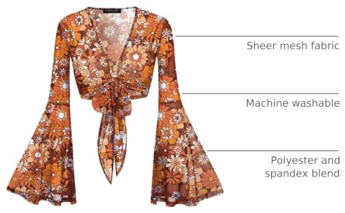 Image of Women Tie Front Bell Sleeve Rave Crop Tops Floral Print Hippie Mesh Sheer Shirt