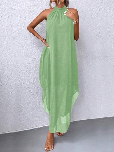 Image of Verdusa Women's Wedding Guest Dress Halter Flowy Chiffon Long Dresses | Cocktail Dress, Asymmetrical Dress for Women, Sleeveless, Prom Dress, Cruise Outfits, Boho