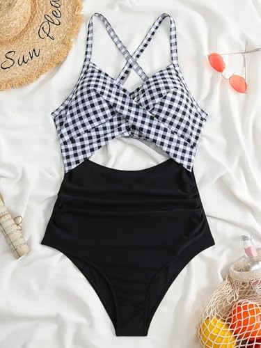 Stylish Plaid Knot Top & High-Waist Bottoms Swimsuit Set - Perfect for Beach & Pool Days, Comfortable Fit with Elegant Design
