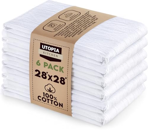 Utopia Kitchen White Flour Sack Towels [6 Pack - 28 x 28 Inch] 100% Cotton Tea Towels for Cleaning & Drying - Highly Absorbent Kitchen Dish Cloth