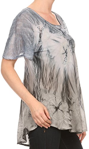 Image of Sakkas Taylay Ombre Tie Dye Batik Long Embroidered Corset Neck Blouse Shirt Top