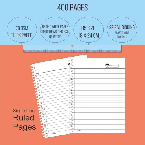 Image of amblitz Spiral Notebook | 18 X 24 CM | B5 Size | School /College Students's Choice for Note Making |70 GSM Thick White Paper | Diary Size | Personal & Office Use | (400 Pages, RULED Notebook)