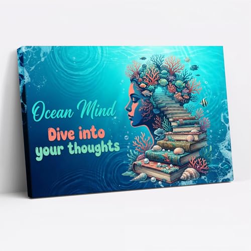 ZUSD Ocean Mind Canvas Art Blue Underwater Books And Coral