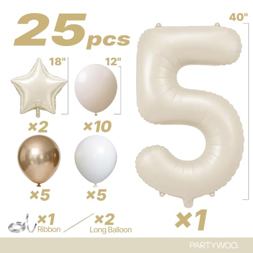 Image of PartyWoo Beige Number 5 Balloon 40 Inch 25pcs White Sand Foil Star Gold | Foil Number Large Gaint Jumbo Balloons for Birthday Bridal Baby Shower Graduation Wedding Anniversary Party Decorations