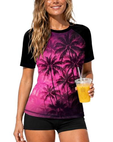 Image of AOBUTE Women Short Sleeve Rash Guard UPF 50+ Tropical Sun Protection Floral Swim Shirts