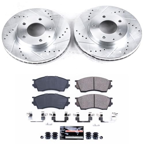Image of PowerStop Front Brake Kit for Mazda Millenia 1995-00 - Drilled and Slotted Disc Rotors with Carbon-Fiber Ceramic Brake Pads Replacement, K1186