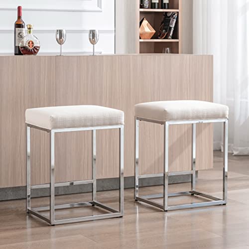 Bestano 24'' Counter Height Bar Stools Set Of 2, Cream Fabric Barstools With Chrome Base, Kitchen Island Counter Bar Chairs With Footrest #TOP30