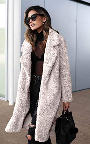 Angashion Women's Fuzzy Fleece Lapel Open Front Long Cardigan Coat Faux Fur Warm Winter Outwear Jackets Light Beige S #TOP1