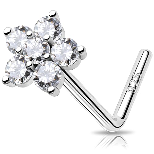 MeIighting 925 Sterling Silver Flower Nose Stud L Shaped Nose Ring 20G Solid Silver Nose Piercing Jewelry Clear CZ for Women Men Nostril Piercing