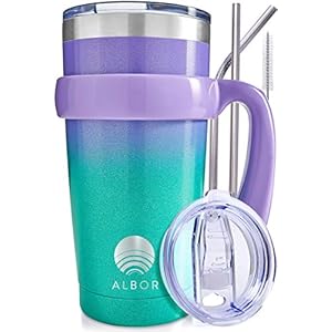 ALBOR Insulated Tumbler with Lid and Straw – 20 oz Insulated Coffee Mug with Handle, Travel Coffee Mug, Triple Insulated Technology with 2 Lids, 2 Metal Straw, Brush and Storage Bag, Gradient