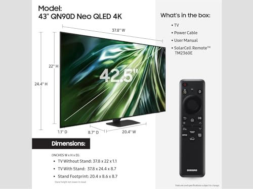 Image of Samsung 43-Inch Class Neo QLED 4K QN90D Series Mini LED, Neo Quantum HDR+ Smart TV w /Dolby Atmos, Object Tracking Sound+, Motion Xcelerator, Real Depth Enhancer Pro, Alexa Built-in (QN43QN90D, 2024)