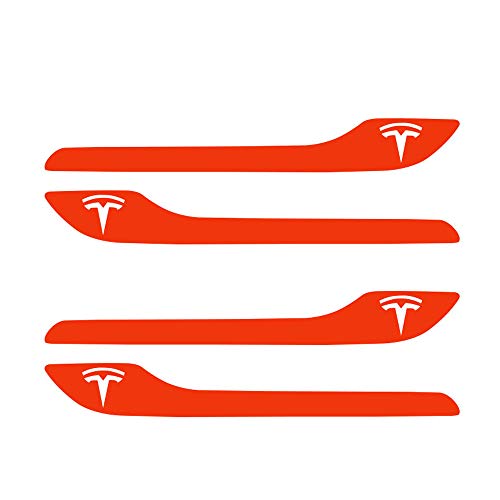 Image of IPG Compatible for Model 3 / Model Y /Juniper Door Handle Decal Sticker Wrap Kit (Set of 4) with Tesla Logo Personalize Your Tesla (Gloss Orange)