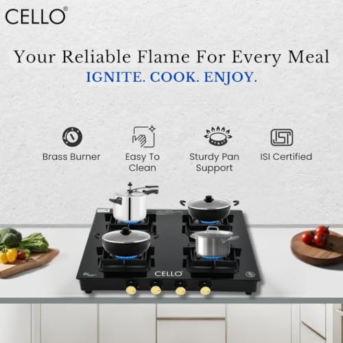 Image of Cello PEARL PLUS GT 4 Burner Gas Stove - Flower Design Brass Burners, 6mm Toughened Glass, Heavy-Duty Brass Valves, Flame Guard Pan Supports