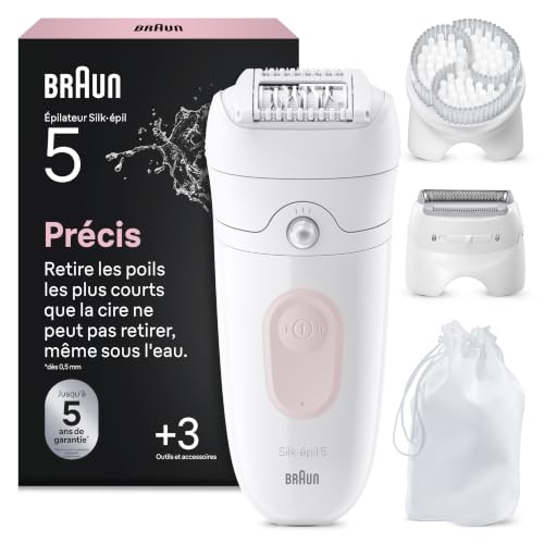 Braun Epilateur Electrique Femme Silk Epil 5, 5-060, Blanc et Rose Flamant – Etanche, sans Fil, Embout Rouleau de Massage, Coffret Epilation avec Tête de...