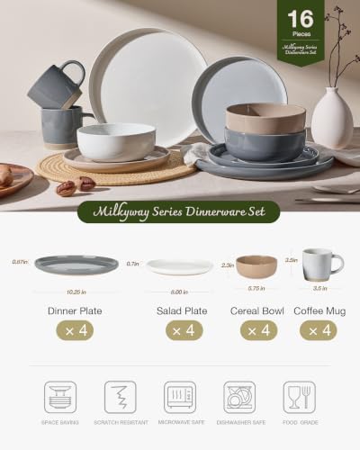 Image of Famiware Milkyway Stoneware Dinnerware Sets with Mugs, Service for 4 (16pcs), Plates and Bowls Sets, Scratch Resistant, Microwave and Dishwasher Safe Dishes Set, Multi-color