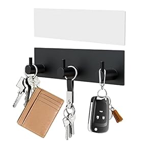 VIS’V Key Holder for Wall, Matte Black Self Adhesive Key Hanger Small Metal Key Rail with 3 Key Hooks Wall Mounted Key Rack Organizer with Extra Adhesive for Entryway Hallway Doorway