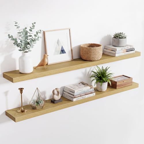 Image of Acovy 55in Long Floating Shelves for Wall Set of 2, Wood Wall Shelves for Bathroom Bedroom Kitchen Living Room Laundry Room, Modern Floating Shelf for Home Decor