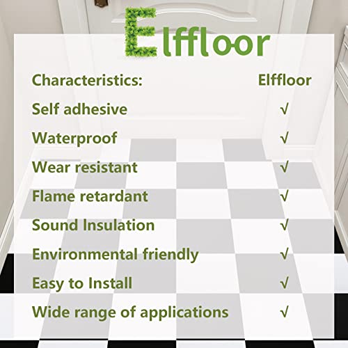 Elffloor PVC Bodenbelag Selbstklebende Schwarz Weiss Vinyl-Fliesen Vinylboden Dielenboden Medio Dünn Fliesen für Fußbodenheizung Wasserdicht 30X30cm 10 Stück