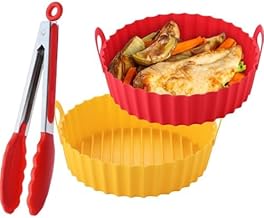 2 Reusable 8" Silicone Air Fryer Liners for 3-5 QT Fryers,Non Stick Foldable Liners Airfryer Parchment Liner with Free 9 Inch Tongs with Silicone Tip